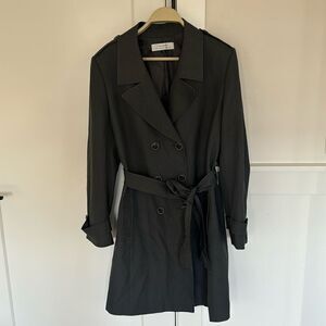 TAHARI Classic Trench Coat Size 14 Gray Long Coat Double Breasted Tie Waist EUC